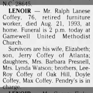 Obituary for Ralph Lanese Coffey